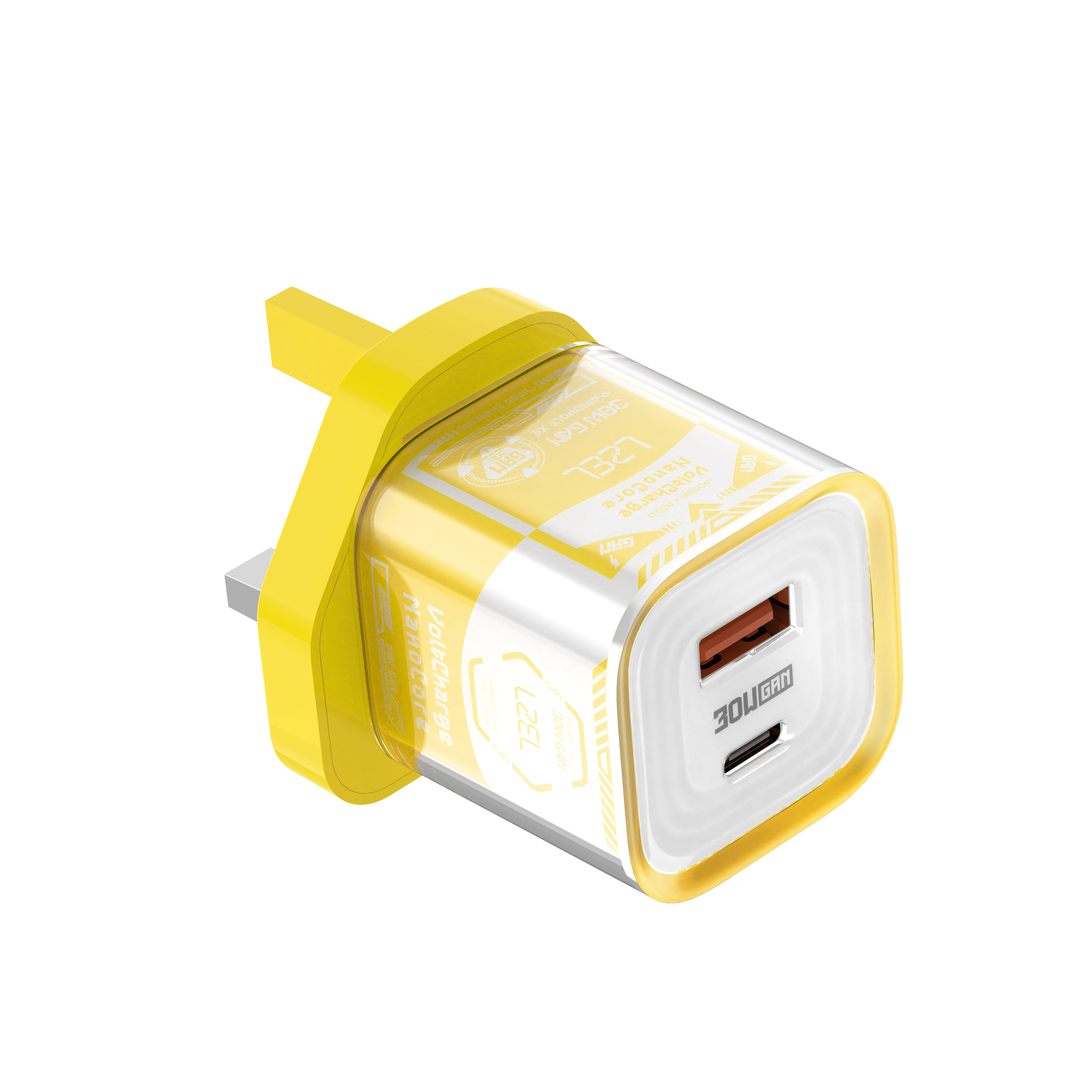 شاحن حائط VoltCharge NanoCore من ليزل شفاف GaN بقوة 30 واط سريع | أصفر/أبيض شاحن حائط VoltCharge NanoCore من ليزل شفاف GaN بقوة 30 واط سريع | أصفر/أبيض